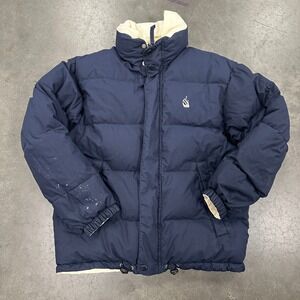 Vintage 90s Nautica Reversible Hooded Down Puffer Jacket Mens S Cream Navy Blue